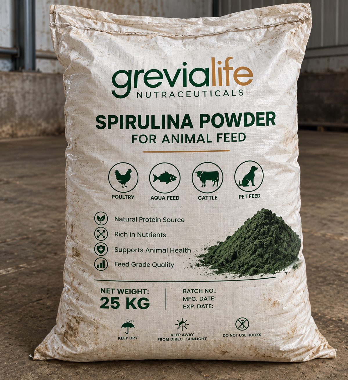 Grevialife spirulina powder for animal feed, 25kg bag