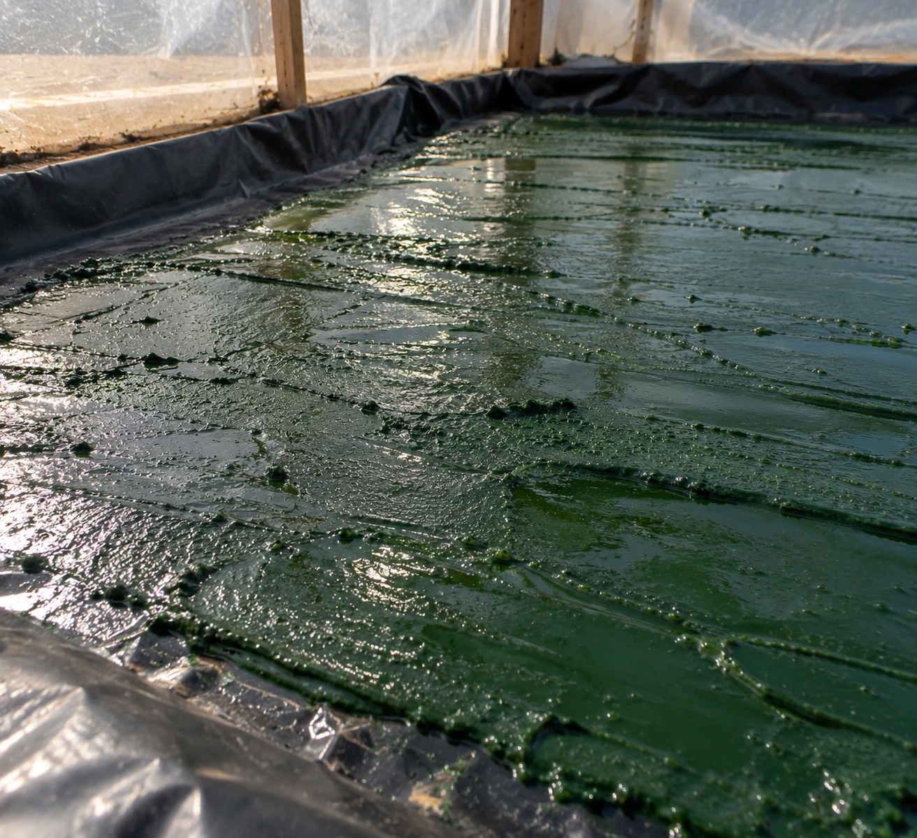 Polyhouse-protected spirulina raceway pond at Bhainsai, Lalitpur