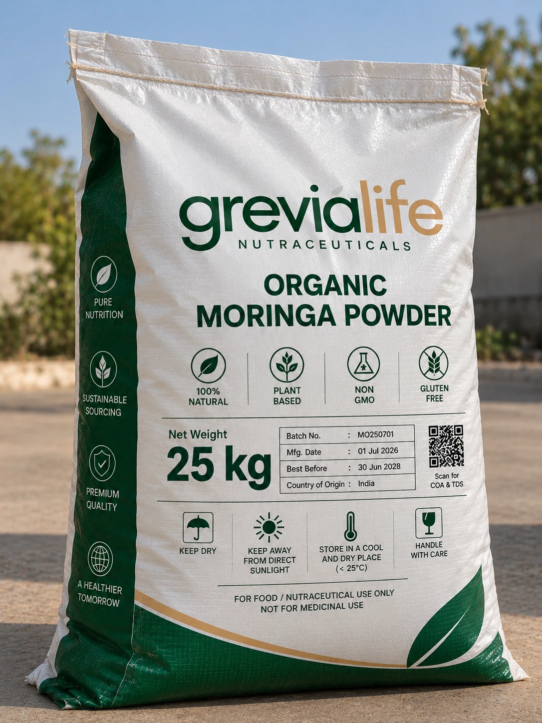 Grevialife organic moringa powder, 25 kg bag