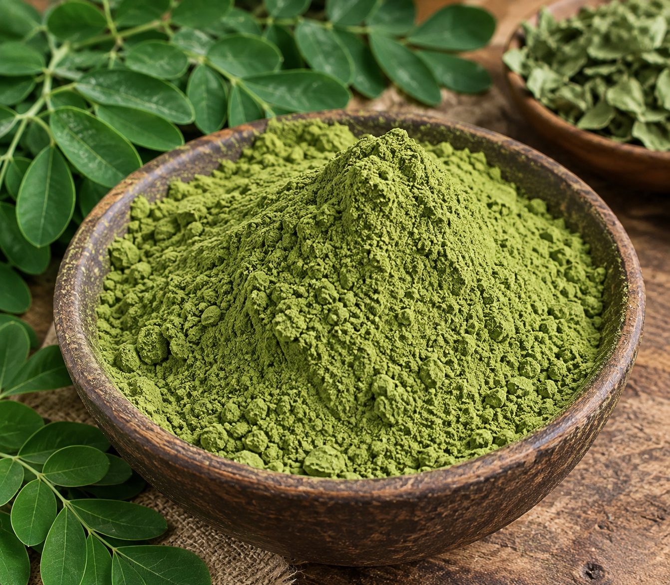 Vivid green moringa leaf powder in a wooden bowl with fresh leaves