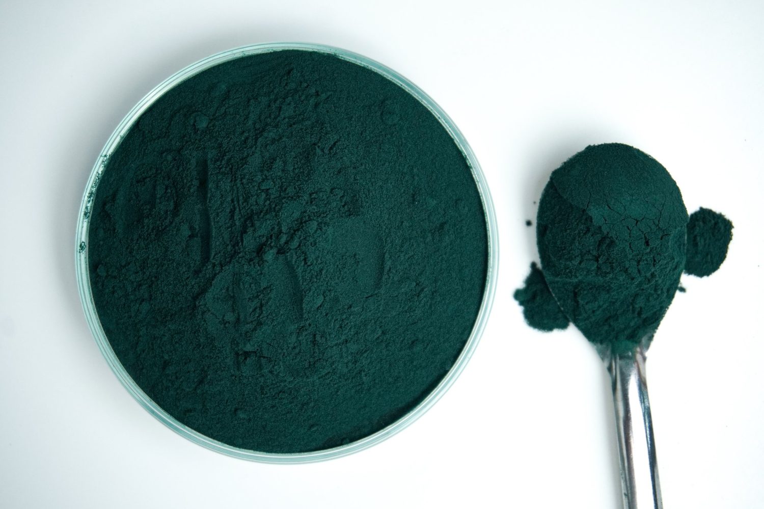 Deep blue-green spirulina powder in a dish beside a measuring spoon