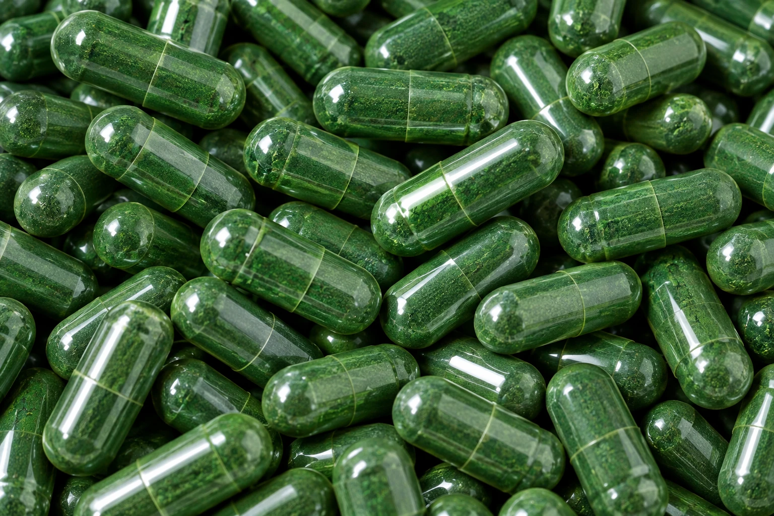 Spirulina capsules, macro detail